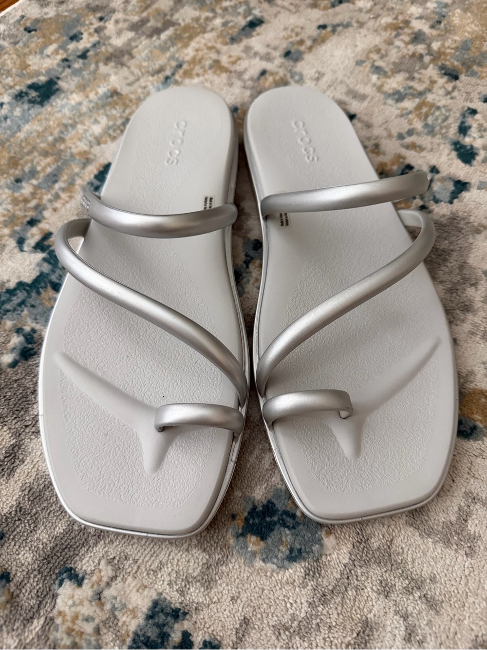 Crocs Miami Toe Loop Silver Strappy Slide Sandals — Women